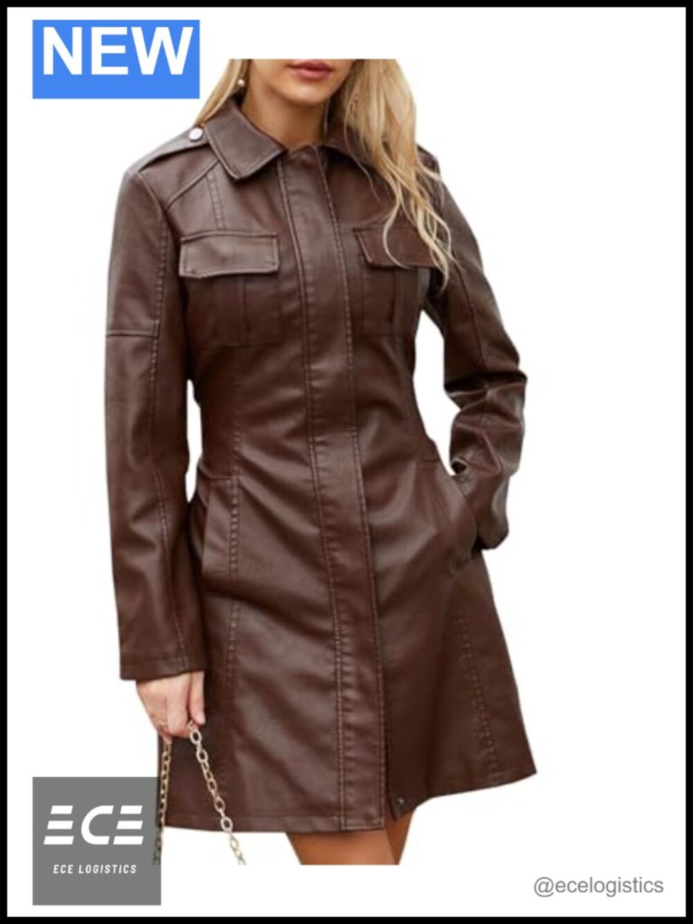 Faux Leather Trench Coat Women Mid Length Zip Up Belted